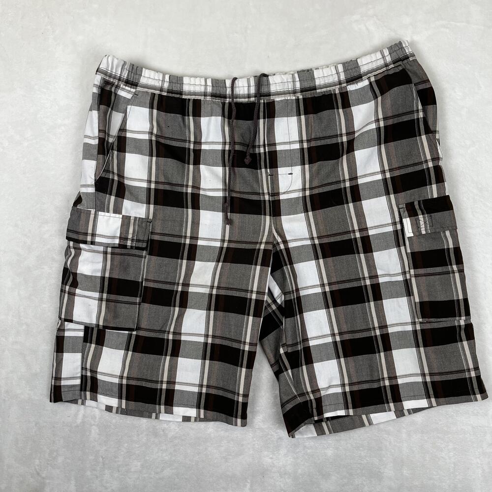 Yago Cargo Shorts Mens 2XL Brown Plaid Elastic Waist 13 Inseam Casual Pockets